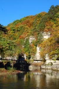 秋の塔のへつりの写真（縦）002（川から見上げる岩肌の上のほうは紅葉した木で覆われている）